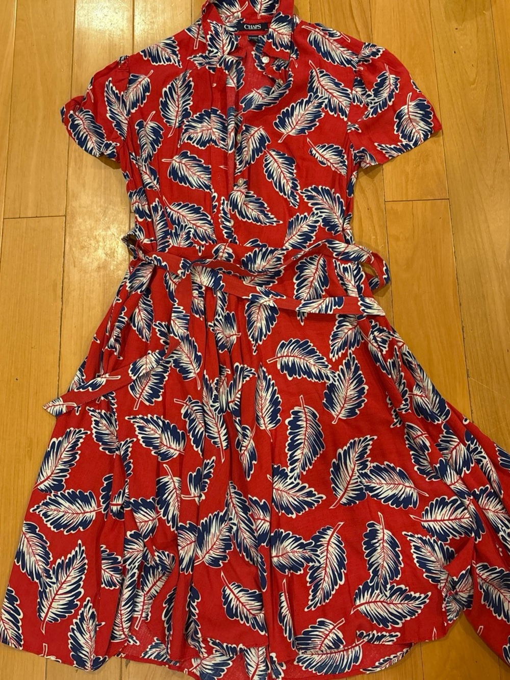 Chaps Red Feather-Print Shirtwaist Dress with Navy & White Accents